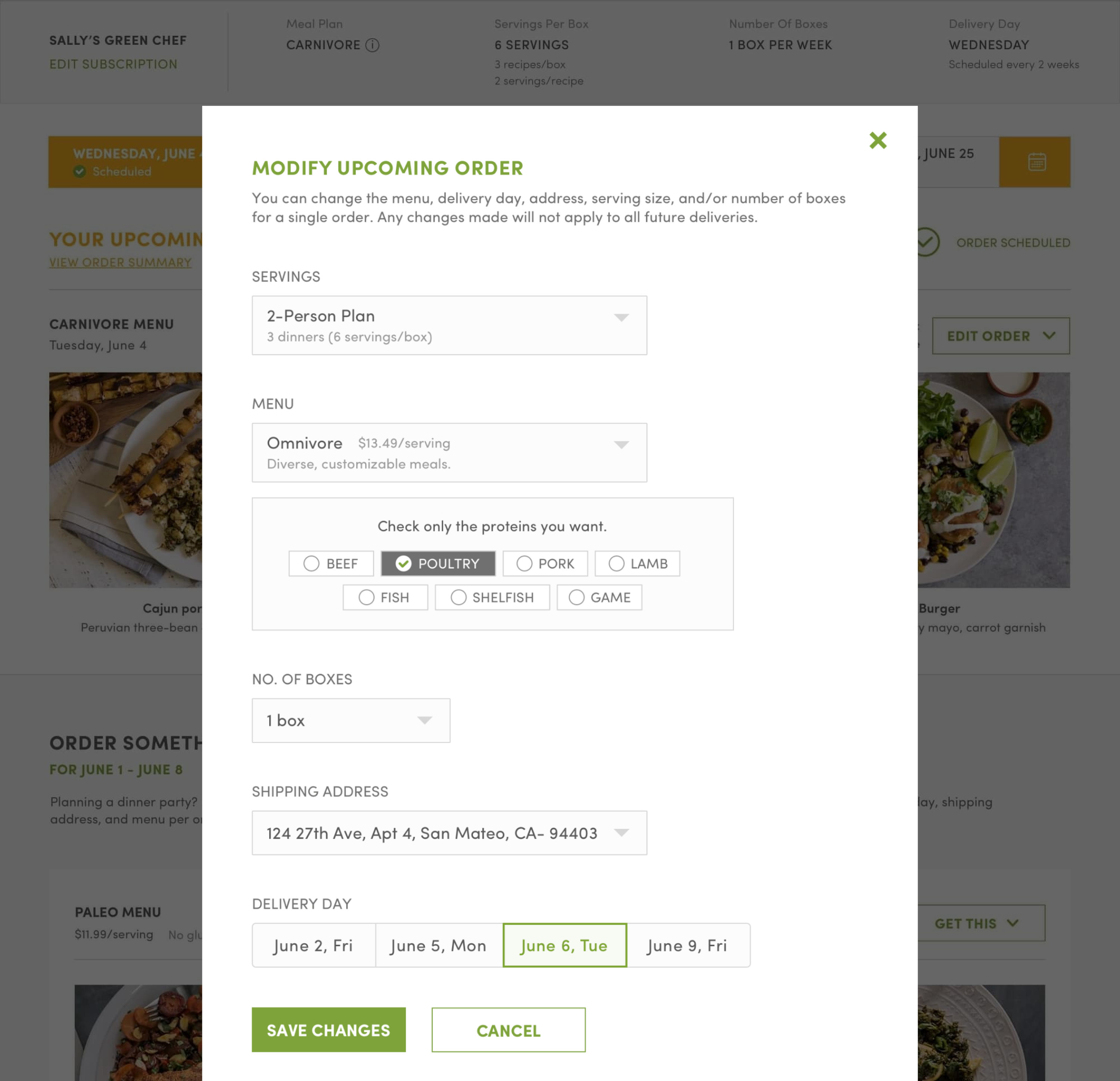 Modify order — one-time changes to a single week
