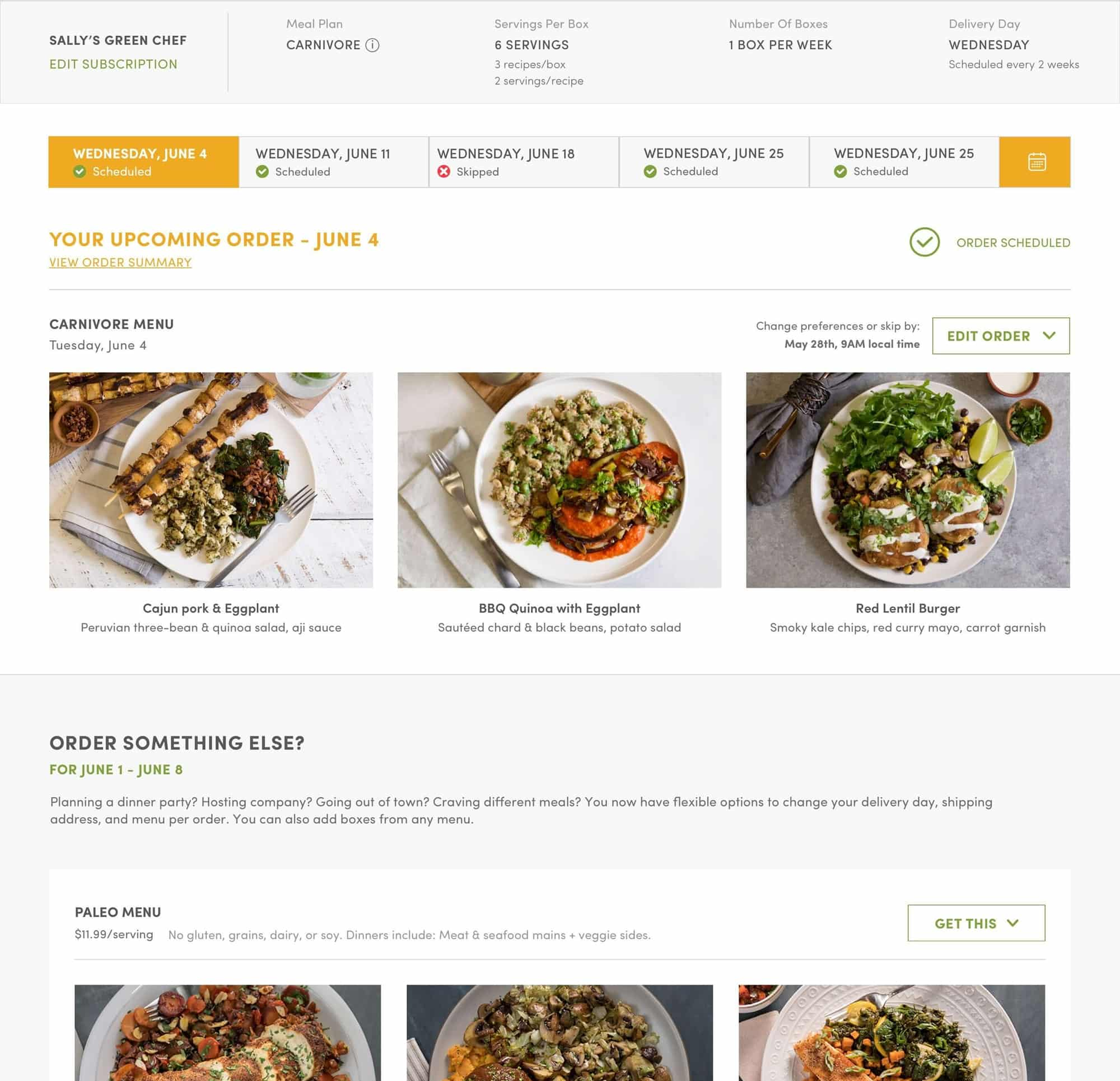 Upcoming order view with recipes for the week