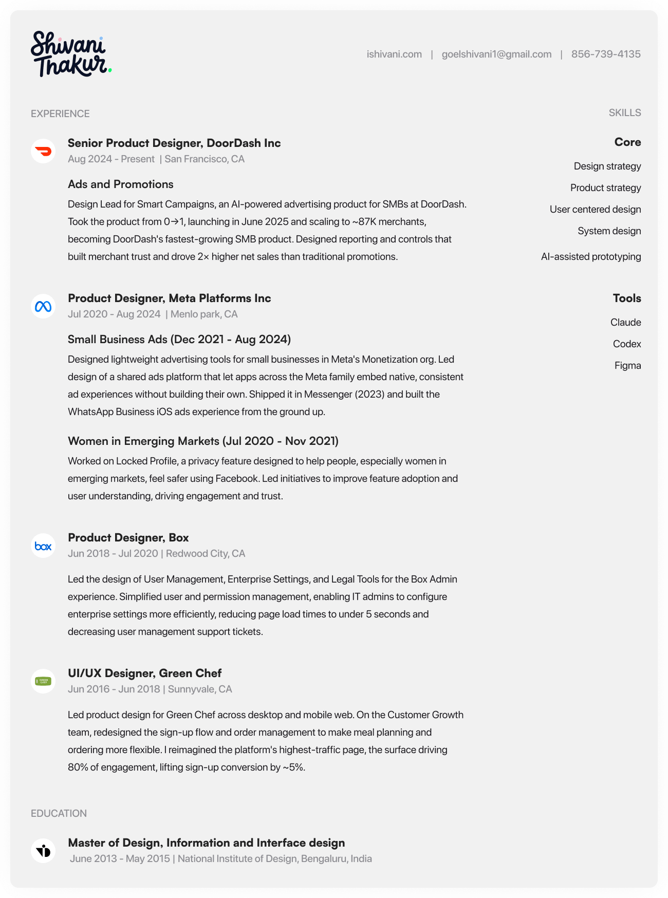 Preview of Shivani Thakur&rsquo;s 2026 resume
