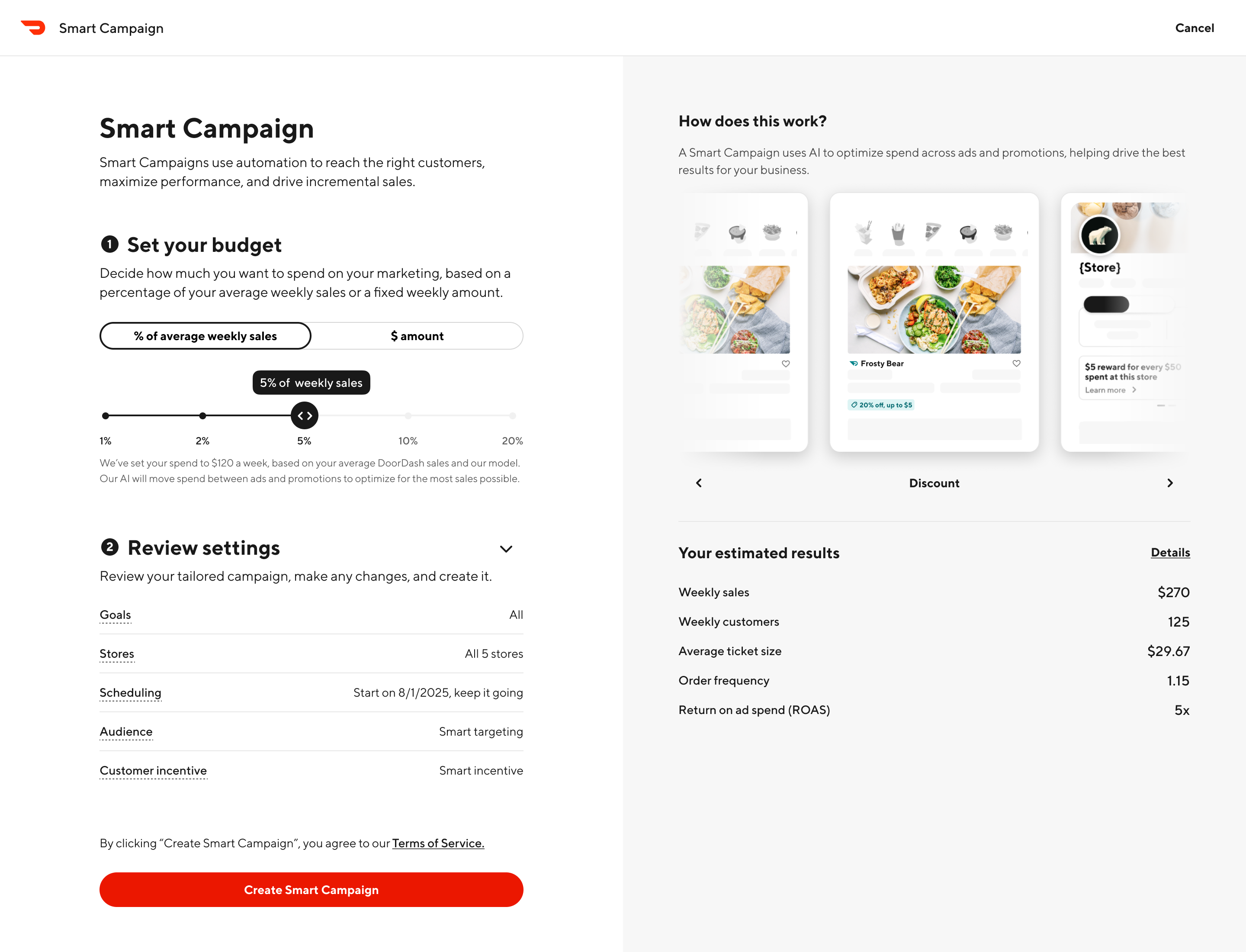 Vision concept — the Smart Campaign setup flow with budget and settings